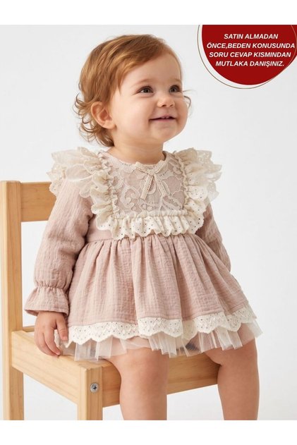 Florance Güpür Yakalı Uzun Kollu Özel Gün Bayramlık Kız Bebek Romper