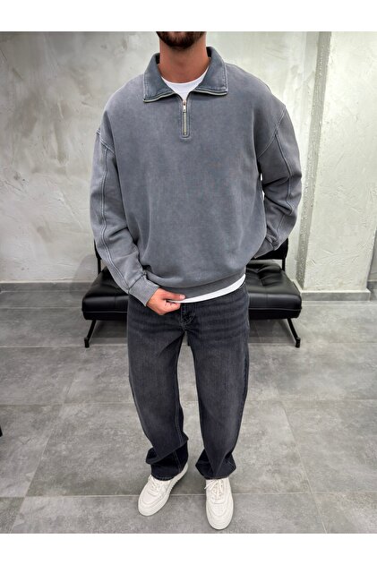 Half Zipper Polo Collar Washed Anthracite Sweatshirt