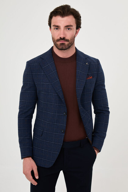 Plaid Slim Fit Mono Collar Premium Wool Blend Men's Jacket Navy Blue - 44325.26K