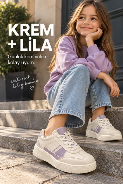 Kız Çocuk Krem Lila Günlük Spor Ayakkabı Bağcıklı Sneaker