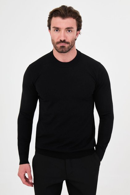 Plain Patterned Slim Fit High Crew Neck Cashmere Men's Knitwear Sweater Black - 11613.26K
