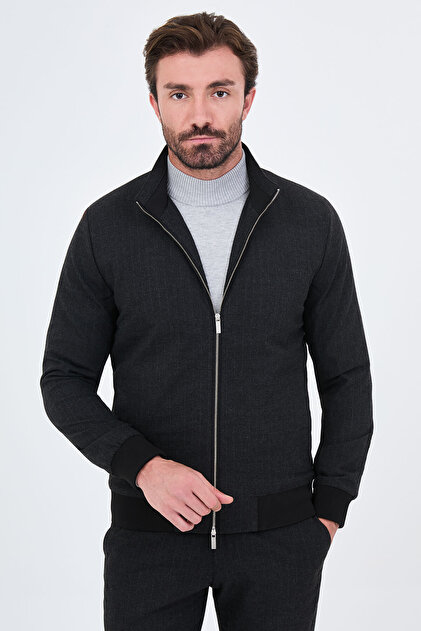 Çizgili Slim Fit Dik Yaka Çift Fermuarlı Yün Erkek Mont Siyah - 39698.26K