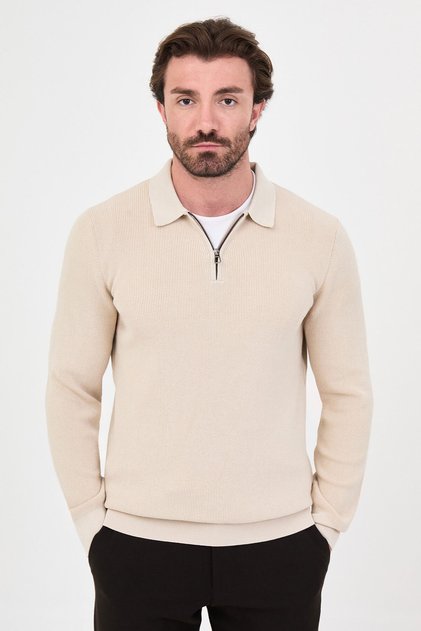 Ribbed Slim Fit Polo Collar Zippered Men's Cotton Knit Sweater Beige - 11602.26K