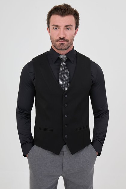 Straight Slim Fit Classic Men's Vest Black - 40969.26K