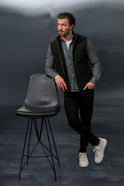 Plain Slim Fit Stand Collar Double Zipper Wool Blend Men's Vest Black - 40966.26K