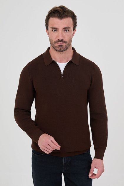 Ribbed Slim Fit Polo Collar Zippered Men's Cotton Knit Sweater Brown - 11602.26K