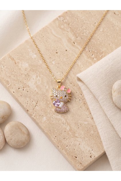 Çelik Gold Renk Zirkon Taşlı Pembe Kurdeleli ve Kalpli Hello Kitty Figürlü Kadın Kolye