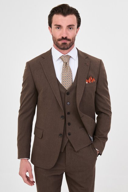 Straight Slim Fit Mono Collar Vest Wool Blend Men's Suit Coffee - 45484.26K