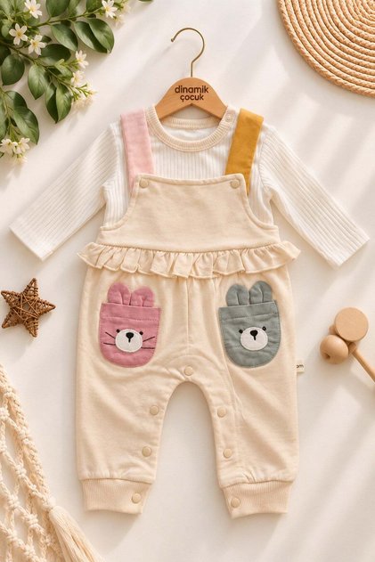 Baby girl long sleeve t-shirt overalls 2-piece set with ruffle pockets 2-piece set 0-12 months