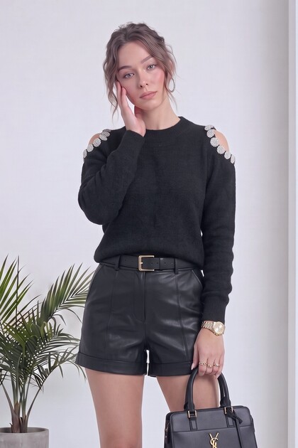 Women's Shoulder Cut Out Detailed Beaded Embroidered Crew Neck Knitwear Sweater Black, Burgundy