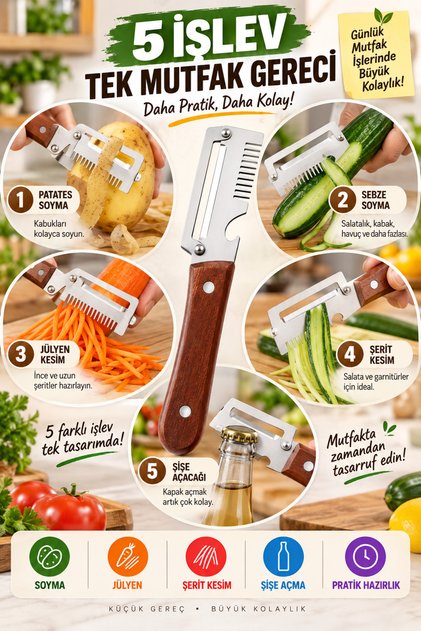 5-in-1 Vegetable Peeler Julienne Cutter Potato Peeler Stainless Steel Wooden Handle with Bottle Opener