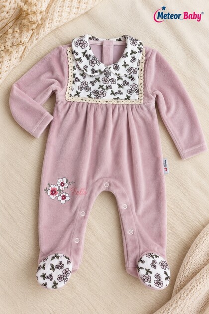 Baby Girl Romper Velvet Lace Collar Detailed Footed Long Sleeve Velvet Romper