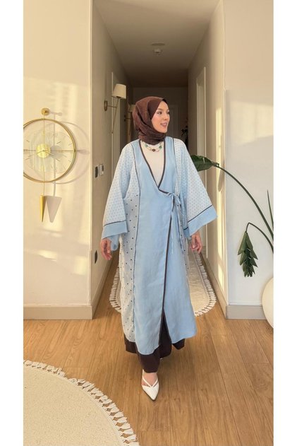 Kadın Bağcıklı Puantiye Detaylı Geniş Kol Uzun Tesettür Kimono
