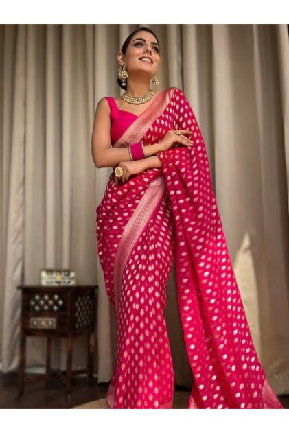 Vibrant Pink Woven Saree with Polka-Dot Motifs - MAF101253 | Pink