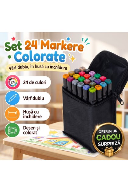Set 24 markere colorate cu vârf dublu, în husă cu închidere