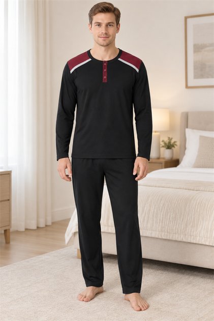 Men's Interlock Comfortable Fit Plaid Round Neck Cotton Pajama Set 6854-1