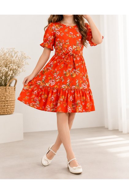 Girl's Floral Patterned Short-Sleeved Belted Flared Skirt Lined Dress