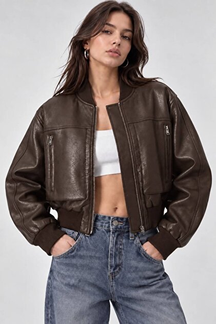Bomber Textured Zippered Double Pocket Brown Leather Jacket