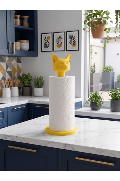 Yellow Adjustable Paper Towel Holder & Napkin Holder with Cat Figure – Decorative Figurine