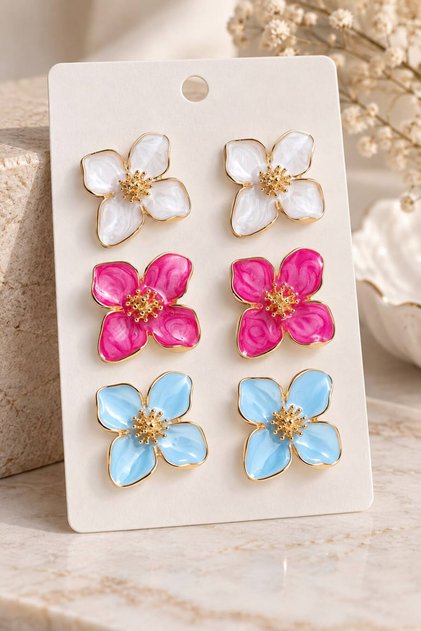 Kadın Trend Lotus Çiçeği Küpe Seti Ekru/Pembe/Mavi Mineli Gold Küpe 3 Çift
