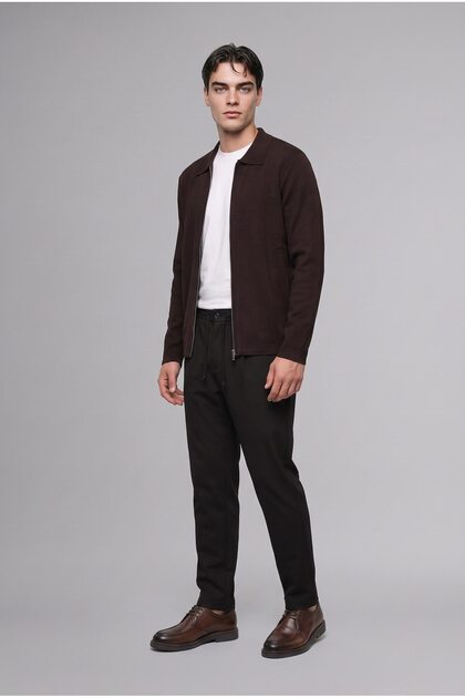Standard Fit Polo Collar Basic Zippered Knitwear Cardigan D3592Ax26Au
