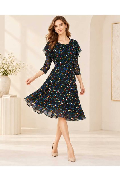 Ro21-07(2) - Rochie damă neagră cu imprimeu confetti multicolor