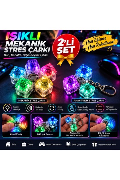 2’li Işıklı Mekanik Stres Çarkı Seti RGB LED Fidget Spinner Anahtarlık