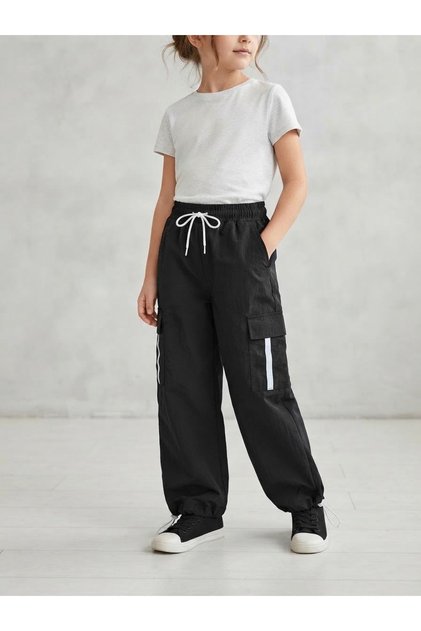 Girl's Black Parachute Fabric Cargo Pants with Pockets and Elastic Waistband