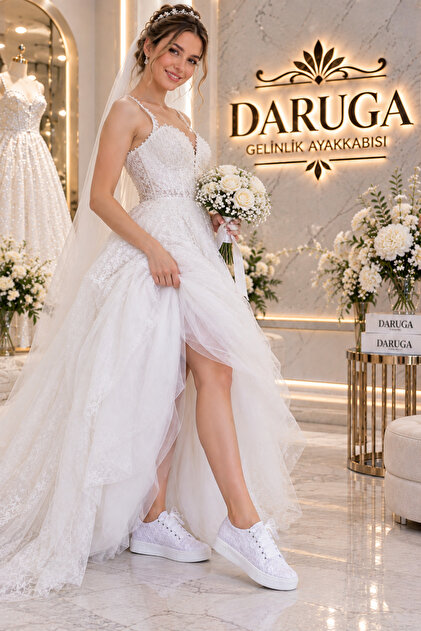 Pearl Detailed Bridal Shoes Lace-Up Wedge Sole Stylish and Comfortable Shoes