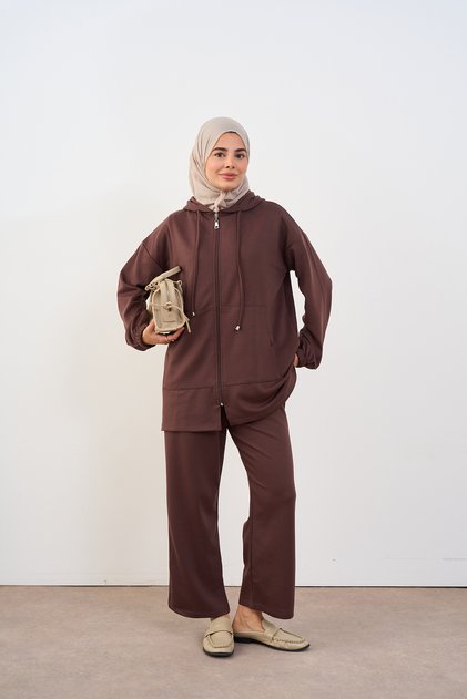 Women's Hooded Zipper Suit Brown