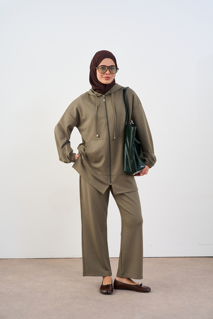 Women's Hooded Zipper Suit Khaki Green