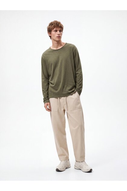 Regular Fit Flamlı Basic Green Sweatshirt