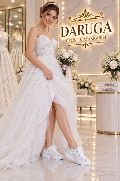 Pearl Detailed Bridal Shoes Lace-Up Wedge Sole Comfortable Bridal Shoes