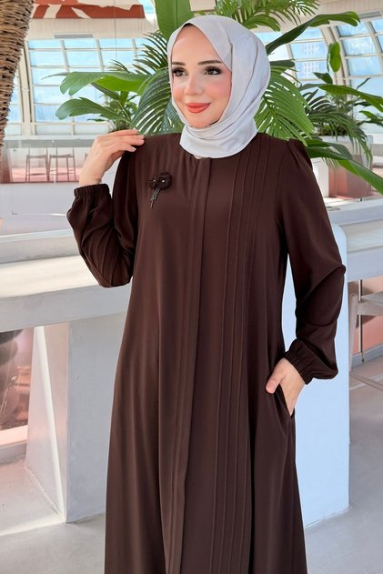 Rabia Göğüs Çiçek Broşlu Nervürlü Ferace 736 - Kahve