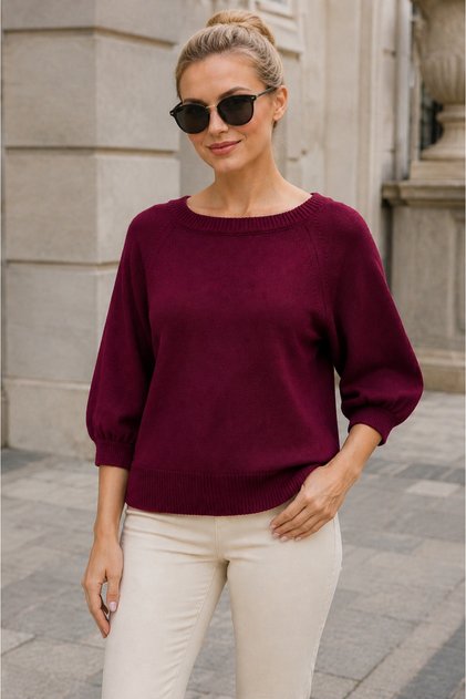 Women's Raglan Sleeves Balloon Sleeve Boat Neck Ribbed Detailed Comfortable Fit Soft Elegant Casual Burgundy Knitwear Sweater