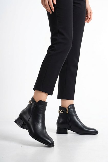 Ramse Low Heel Women's Heeled Boots with Stone Buckle on the Back, Black Leather