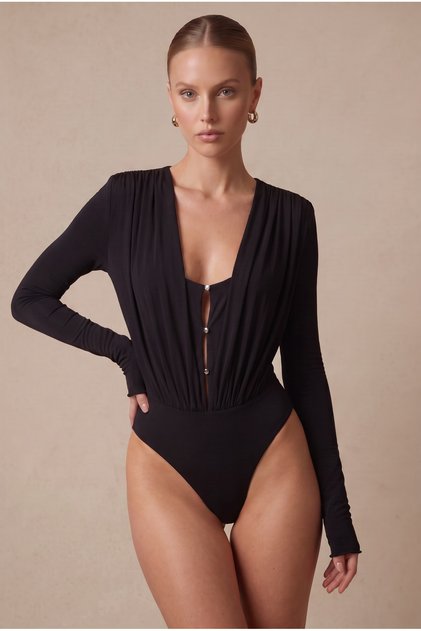 Tease Bodysuit düğme detay dekolteli bluz