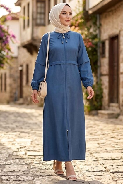 Fermuarlı Sofia Keten Ferace Indigo - 2125-INDIGO