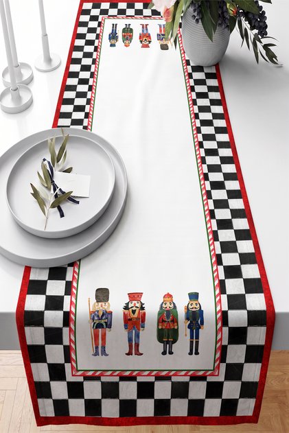 Nutcracker Soldier Figured Checkered Framed Classic Design Digital Printed Decorative Table Runner 40X1