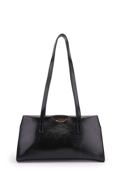Women's Black Buckle Detailed Baguette Form Faux Leather Hand and Shoulder Bag