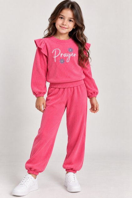 Girl's 2-Piece Set Ribbed Velvet Ruffle Detailed Sweatshirt and Elasticated Pants