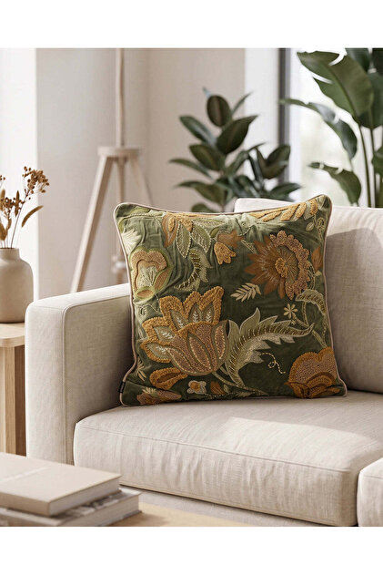 Green Floral Embroidered Cushion
