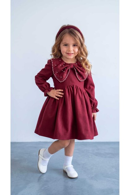 Girl's Stylish Dress with Pearl Detail and Bow – Long Sleeve Dress with Gathered Waist