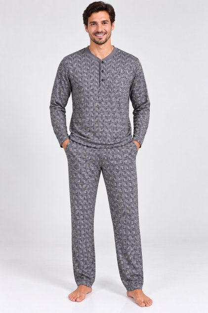 100% Cotton Buttoned Collar Long Sleeve Pocketed Plus Size Men's Pajama Set