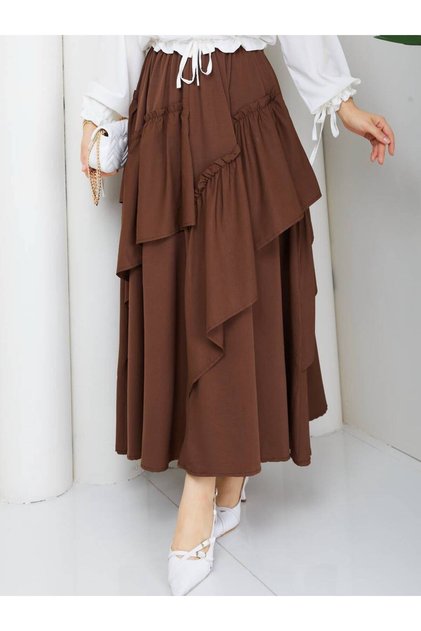 Women's Bitter Brown Asymmetrical Layered Ruffle Skirt with Elastic Waist Asf398