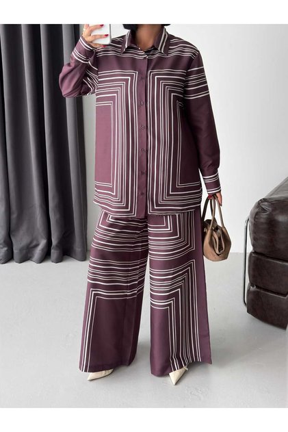 Women's Plum Chokella Fabric Geometric Striped Shirt Pants Double Set Jen26128