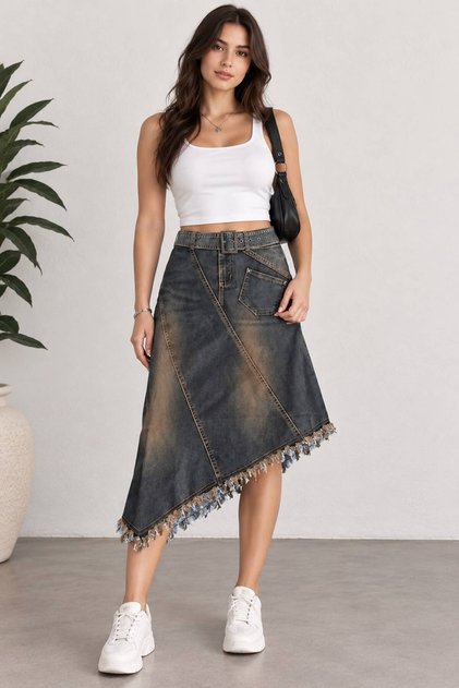 Eskitme Yıkamalı Cepli Denim Midi Etek