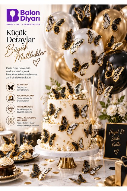 20'li Antrasit Siyah Gold Kelebek Süs – Pasta Süsü, Balon Süsü ve Duvar Dekoru