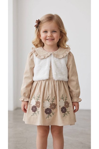 Girl's Floral Embroidered Dress with Fur Detail