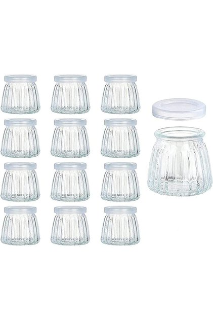 4oz Glass Jars with PE Lids 12 Pack Mini Pudding Jars Clear Yogurt Jars Glass Favor Jars Containers for Spice, Jam, honey, Mousse, Wedding Favors, Shower Favors, DIY and Art